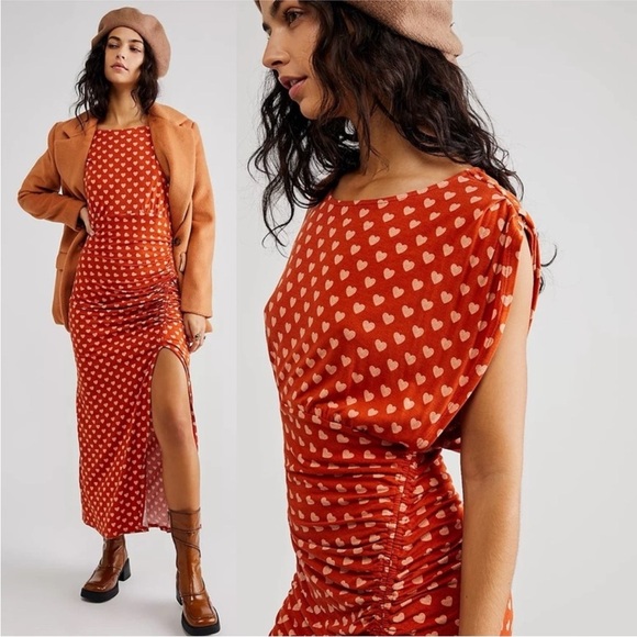 Free People Lakeside Midi Dress Hearts Printed Orange Ginger Combo - Picture 1 of 15